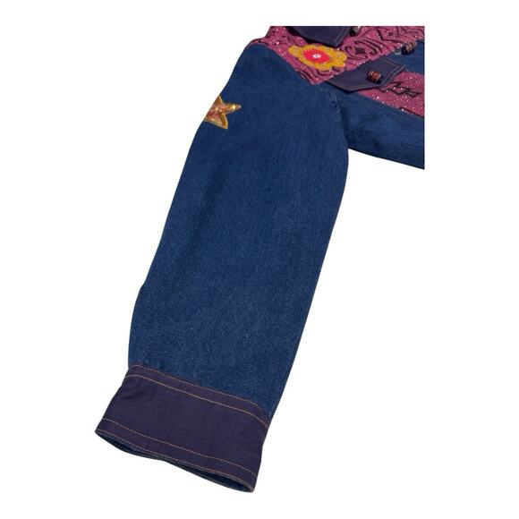 Indigo Moon Denim Chambray Medium Coat Pink Aztec Accent Purple Trim Embellish - Picture 11 of 13